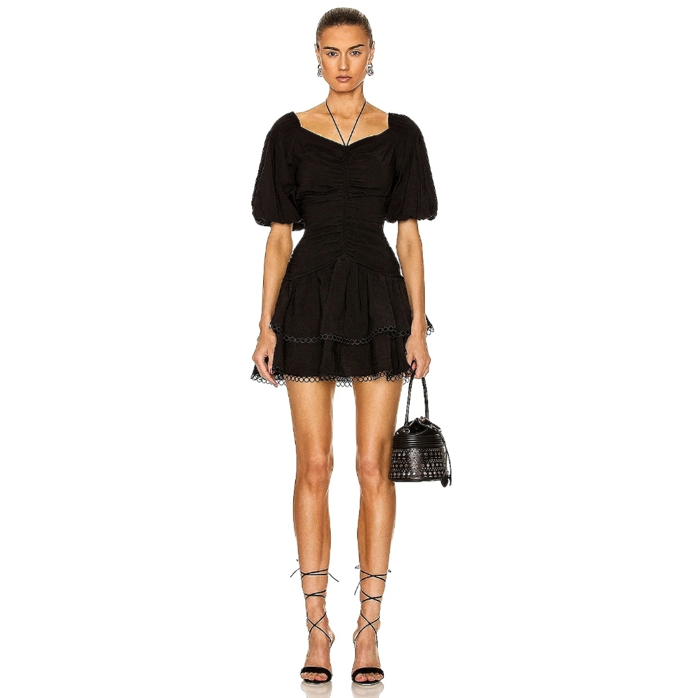 Jonathan Simkhai Auden Ruched Drawstring Embroidered Puff Sleeve Mini Dress